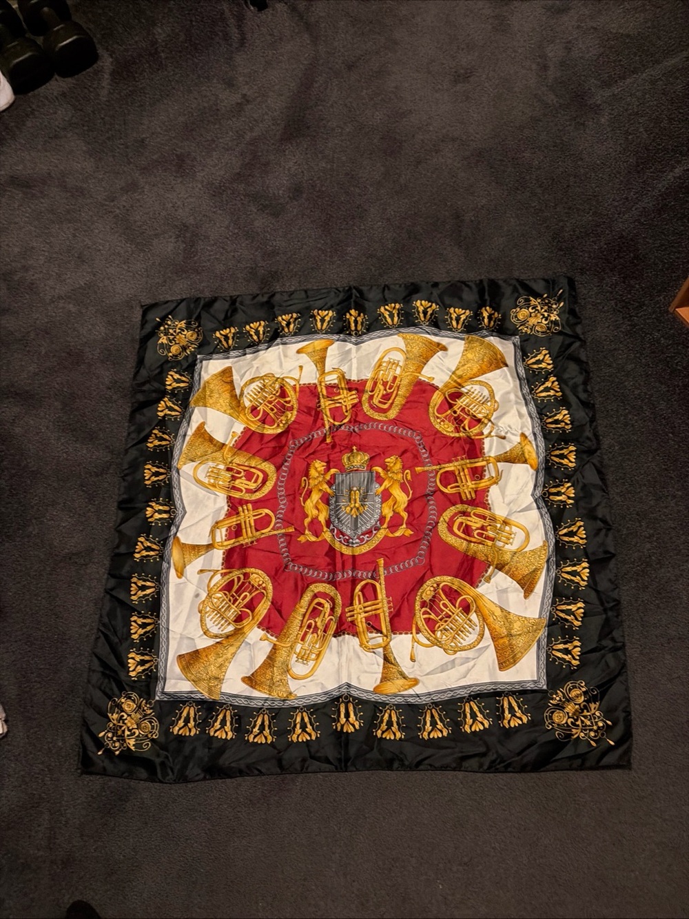 Vintage Commemorative 1995 Korea Silk Scarf Regal Lion & Trumpet Design 34X33